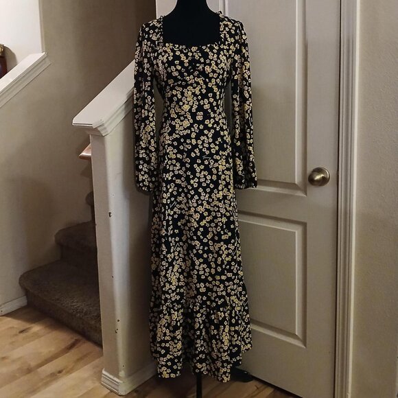 Tommy Hilfiger yellow and black floral maxi dress with ruffle detailing Sz M - Picture 1 of 6